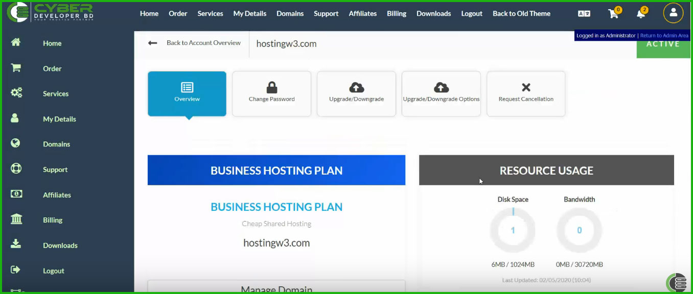 DirectAdmin hosting plan dashboard