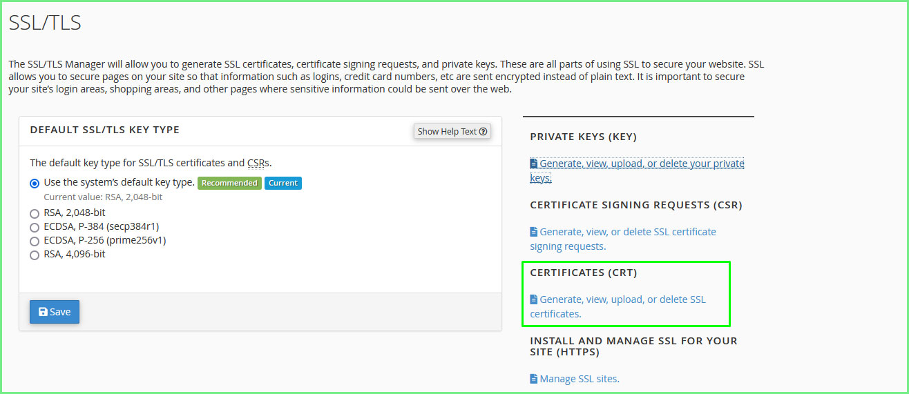 Generate, view, upload, or delete SSL certificates